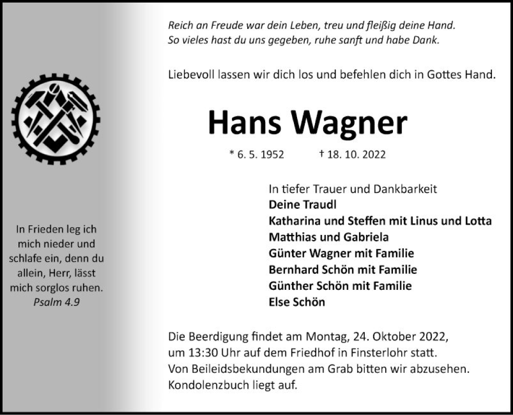  Traueranzeige für Hans Wagner vom 22.10.2022 aus Fränkische Nachrichten