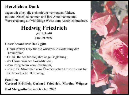 Traueranzeige von Hedwig Friedrich von Fränkische Nachrichten