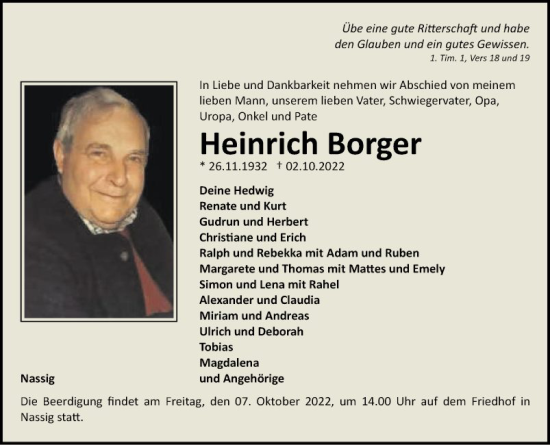 Traueranzeige von Heinrich Borger von Fränkische Nachrichten