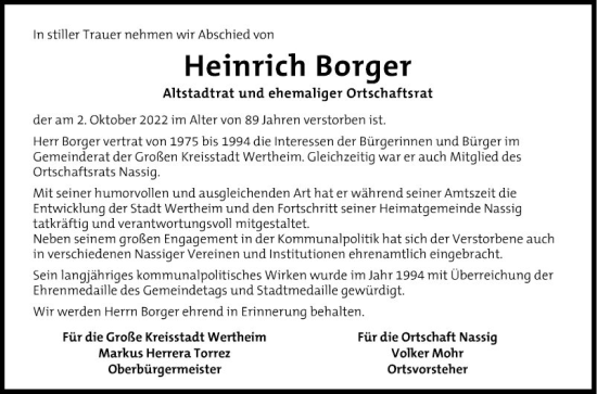 Traueranzeige von Heinrich Borger von Fränkische Nachrichten