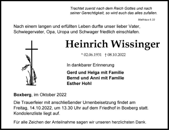 Traueranzeige von Heinrich Wissinger von Fränkische Nachrichten