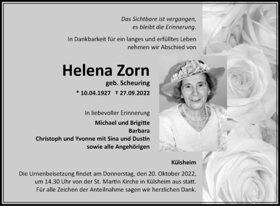 Traueranzeige von Helena Zorn von Fränkische Nachrichten