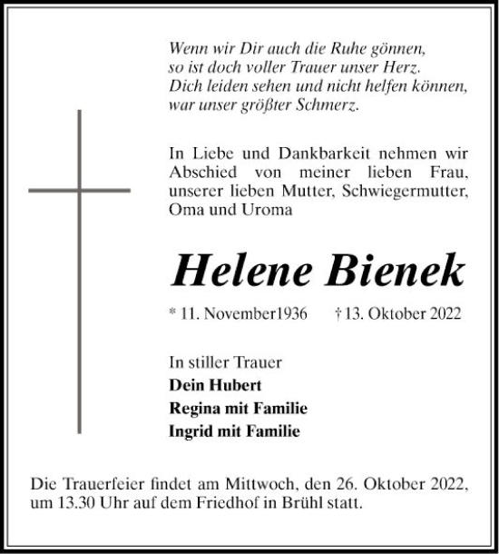 Traueranzeige von Helene Bienek von Schwetzinger Zeitung