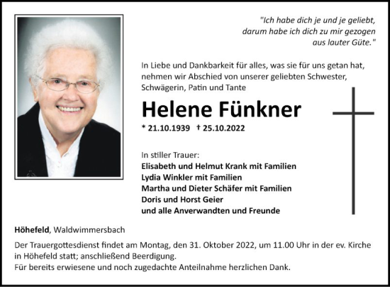 Traueranzeige von Helene Fünkner von Fränkische Nachrichten