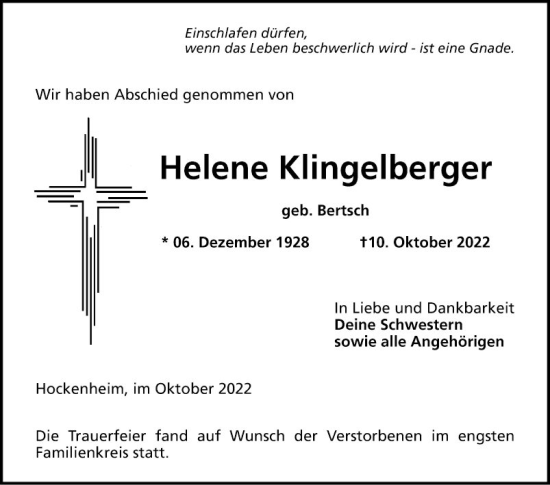 Traueranzeige von Helene Klingelberger von Schwetzinger Zeitung