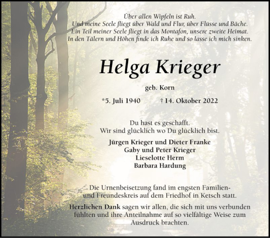 Traueranzeige von Helga Krieger von Schwetzinger Zeitung