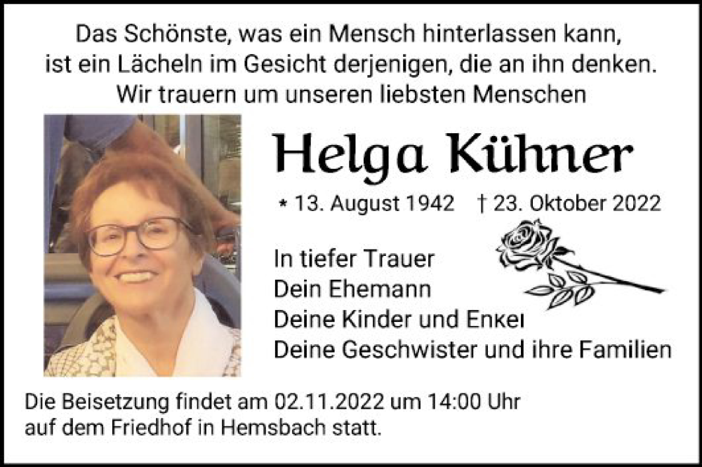  Traueranzeige für Helga Kühner vom 29.10.2022 aus Mannheimer Morgen