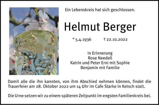 Traueranzeige von Helmut Berger von Schwetzinger Zeitung