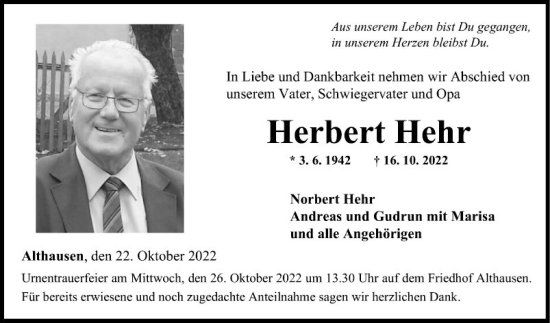 Traueranzeige von Herbert Hehr von Fränkische Nachrichten