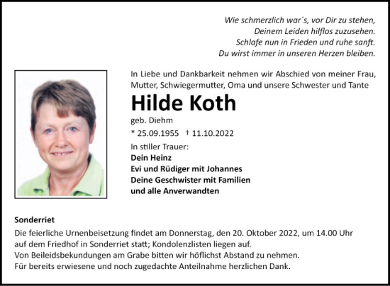 Traueranzeige von Hilde Koth von Fränkische Nachrichten