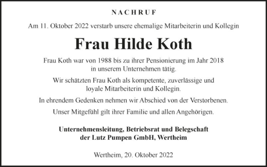 Traueranzeige von Hilde Koth von Fränkische Nachrichten