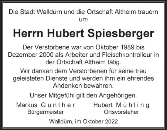 Traueranzeige von Hubert Spiesberger von Fränkische Nachrichten