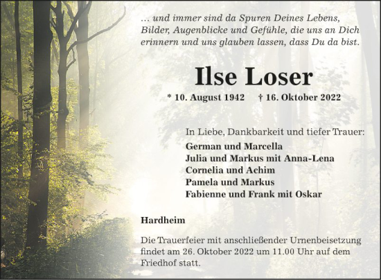 Traueranzeige von Ilse Loser von Fränkische Nachrichten