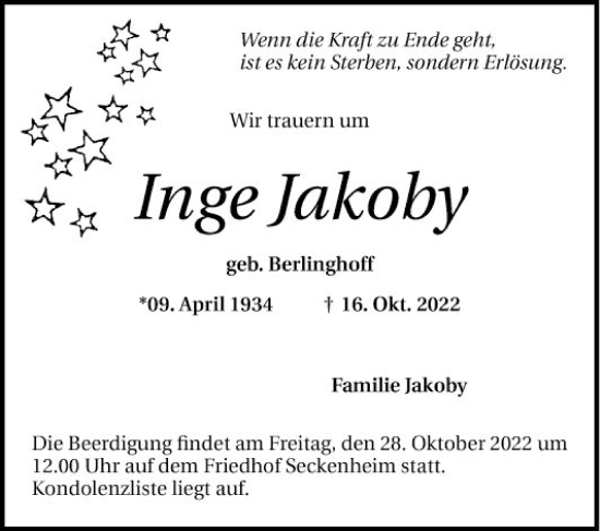 Traueranzeige von Inge Jakoby von Mannheimer Morgen