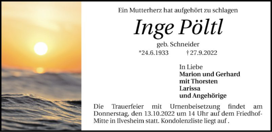 Traueranzeige von Inge Pöltl von Mannheimer Morgen