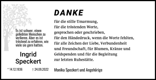 Traueranzeige von Ingrid Speckert von Mannheimer Morgen