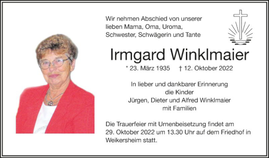 Traueranzeige von Irmgard Winklmaier von Fränkische Nachrichten