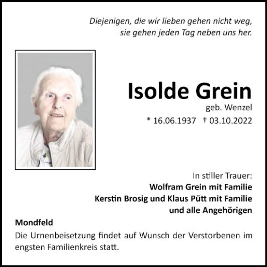 Traueranzeige von Isolde Grein von Fränkische Nachrichten