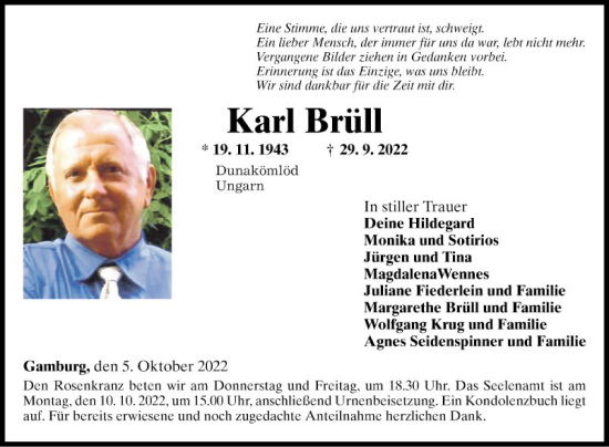 Traueranzeige von Karl Brüll von Fränkische Nachrichten