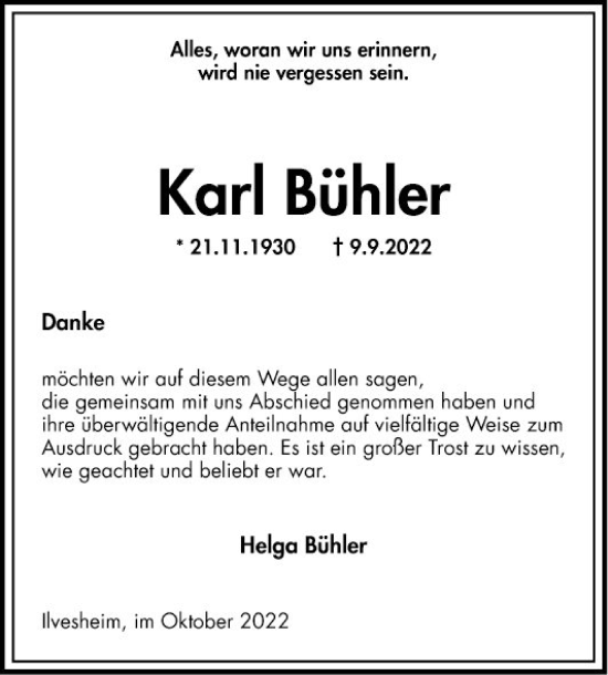 Traueranzeige von Karl Bühler von Mannheimer Morgen