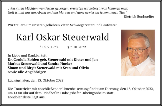 Traueranzeige von Karl Oskar Steuerwald von Mannheimer Morgen