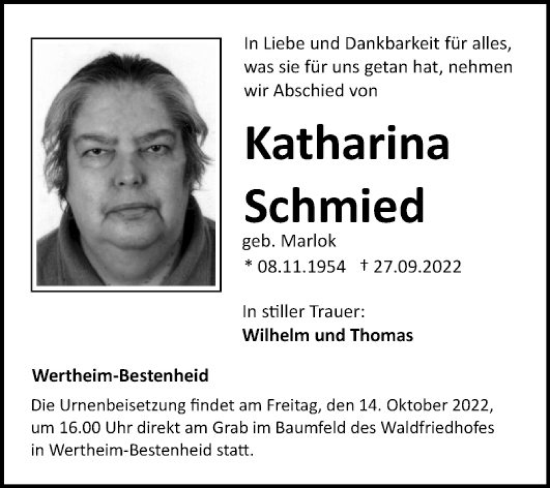 Traueranzeige von Katharina Schmied von Fränkische Nachrichten