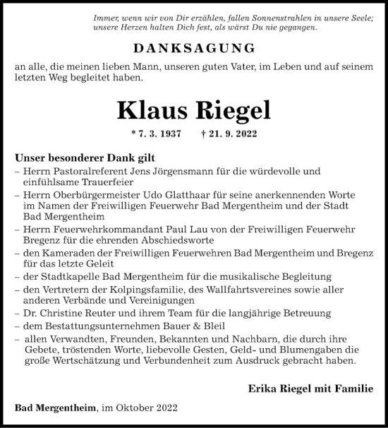 Traueranzeige von Klaus Riegel von Fränkische Nachrichten