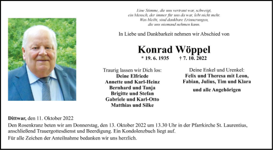 Traueranzeige von Konrad Wöppel von Fränkische Nachrichten