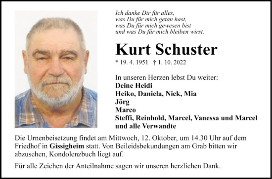 Traueranzeige von Kurt Schuster von Fränkische Nachrichten