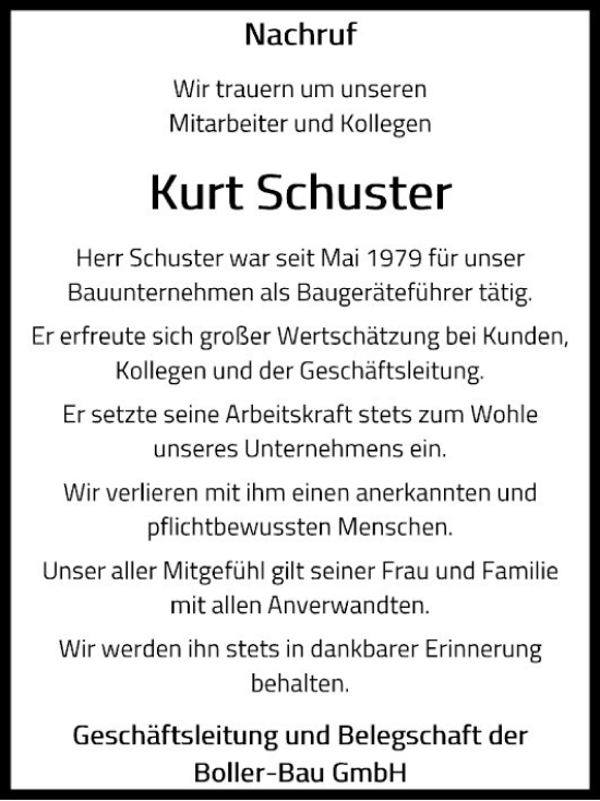 Traueranzeige von Kurt Schuster von Fränkische Nachrichten