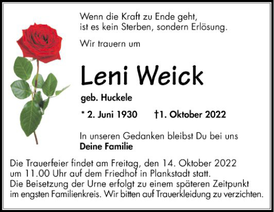 Traueranzeige von Leni Weick von Schwetzinger Zeitung