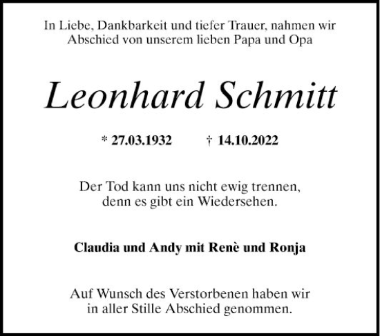 Traueranzeige von Leonhard Schmitt von Mannheimer Morgen