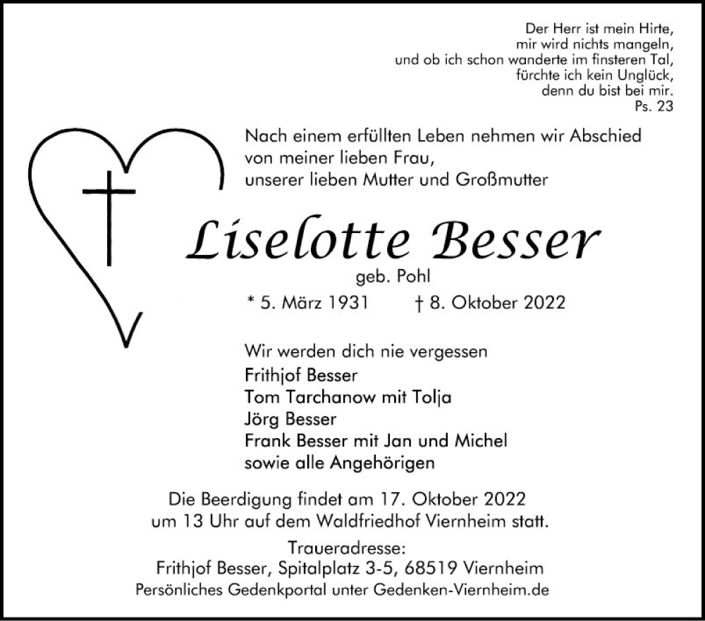  Traueranzeige für Liselotte Besser vom 14.10.2022 aus Mannheimer Morgen