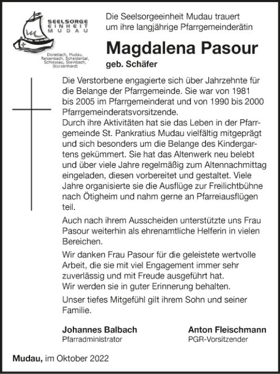 Traueranzeige von Magdalena Pasour von Fränkische Nachrichten