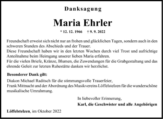 Traueranzeige von Maria Ehrler von Fränkische Nachrichten