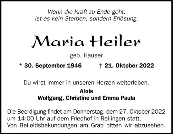 Traueranzeige von Maria Heiler von Schwetzinger Zeitung