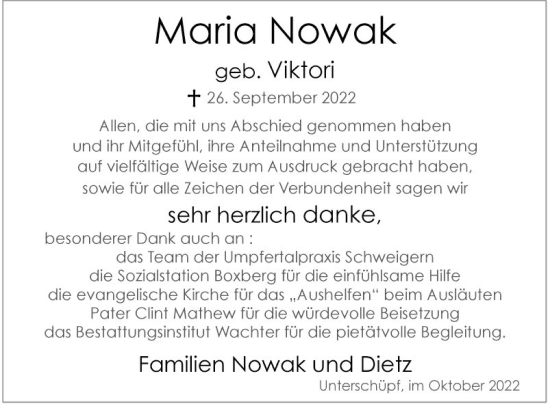 Traueranzeige von Maria Nowak von Fränkische Nachrichten