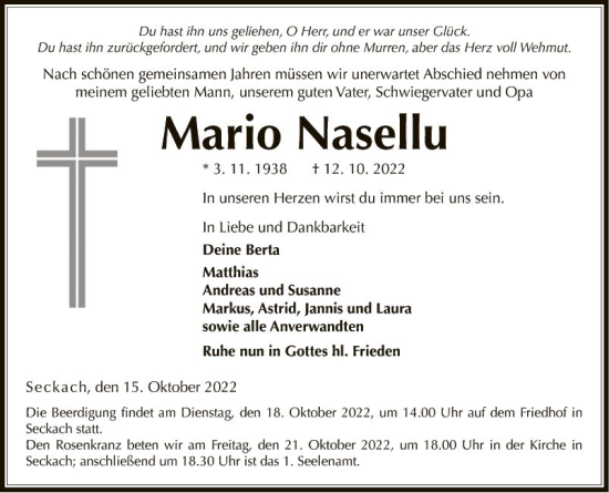 Traueranzeige von Mario Nasellu von Fränkische Nachrichten