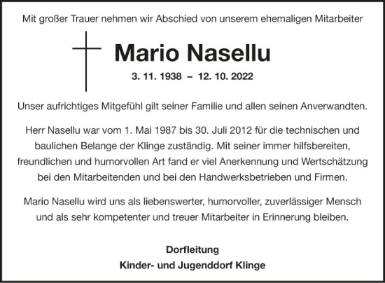 Traueranzeige von Mario Nasellu von Fränkische Nachrichten