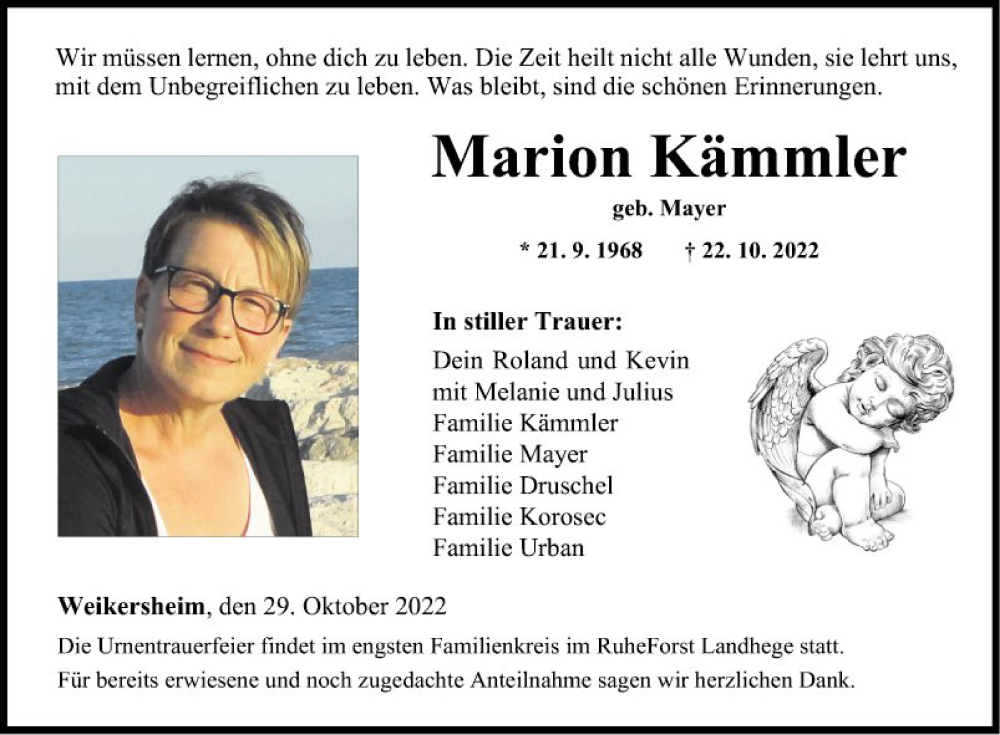  Traueranzeige für Marion Kämmler vom 29.10.2022 aus Fränkische Nachrichten