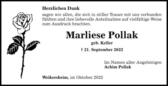 Traueranzeige von Marliese Pollak von Fränkische Nachrichten