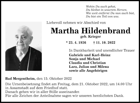 Traueranzeige von Martha Hildenbrand von Fränkische Nachrichten