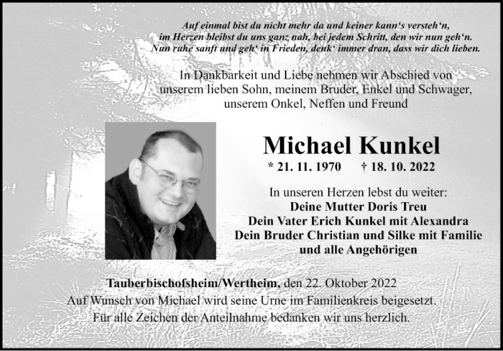  Traueranzeige für Michael Kunkel vom 22.10.2022 aus Fränkische Nachrichten