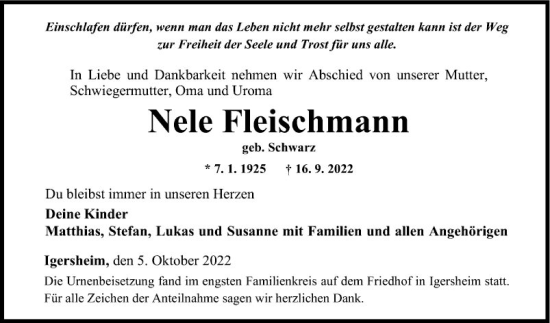 Traueranzeige von Nele Fleischmann von Fränkische Nachrichten