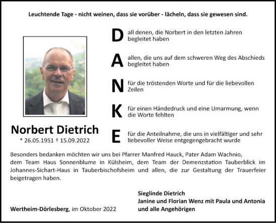 Traueranzeige von Norbert Dietrich von Fränkische Nachrichten