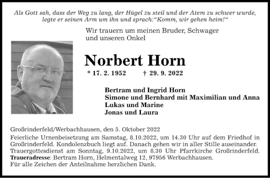 Traueranzeige von Norbert Horn von Fränkische Nachrichten