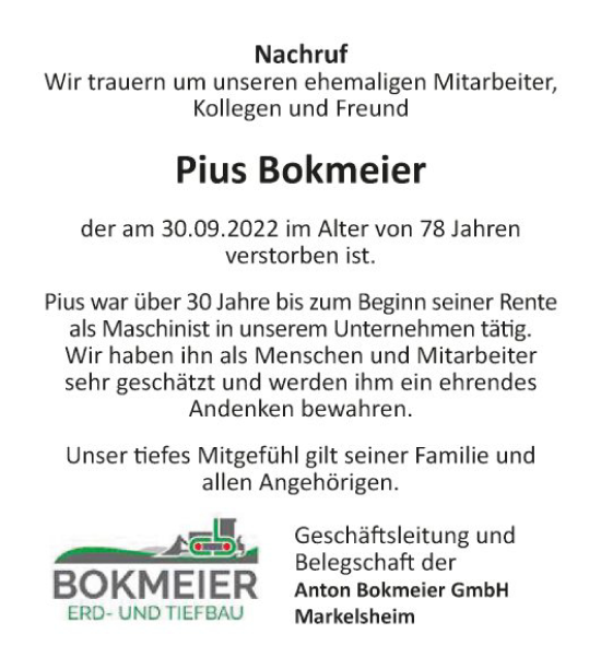 Traueranzeige von Pius Bokmeier von Fränkische Nachrichten