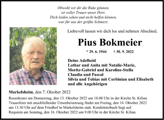 Traueranzeige von Pius Bokmeier von Fränkische Nachrichten