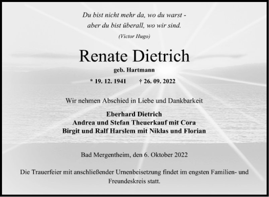 Traueranzeige von Renate Dietrich von Fränkische Nachrichten