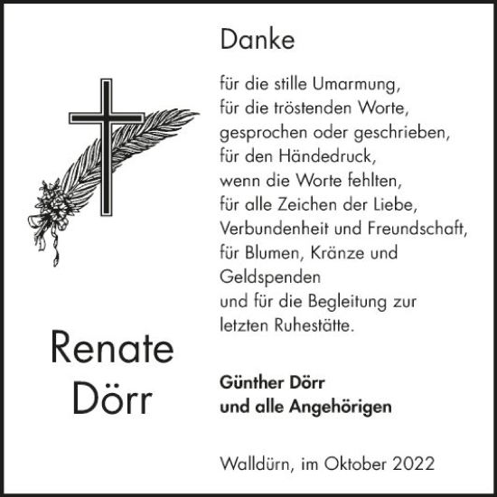 Traueranzeige von Renate Dörr von Fränkische Nachrichten